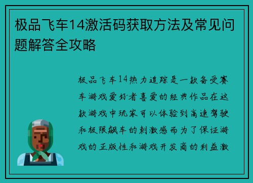 极品飞车14激活码获取方法及常见问题解答全攻略